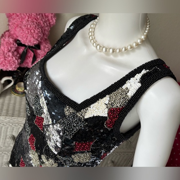 Vintage Oleg Cassini Blacktie Silk Sequin Bodycon dress in Black & White Size 4 - Picture 2 of 12